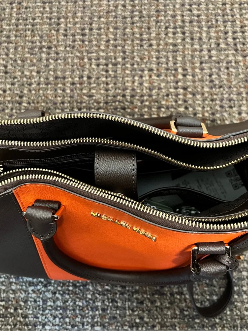 Michael Kors Orange and Brown Saffiano Leather Satchel with Gold MK Charm-EUC - Picture 6 of 7